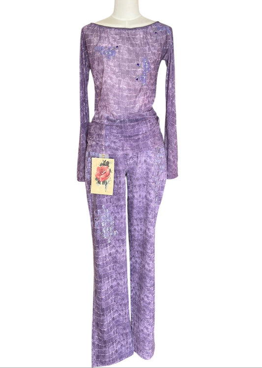 Blumarine Vintage Crocodile Print Two Piece Set – Y2K Embellished Top & Pants – Made in Italy