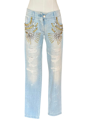 Dolce & Gabbana Vintage Crystal Embellished Jeans – Light Wash Distressed Denim with Gold & Crystal Studs – Made in Italy