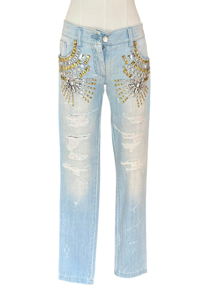 Dolce & Gabbana Vintage Crystal Embellished Jeans – Light Wash Distressed Denim with Gold & Crystal Studs – Made in Italy