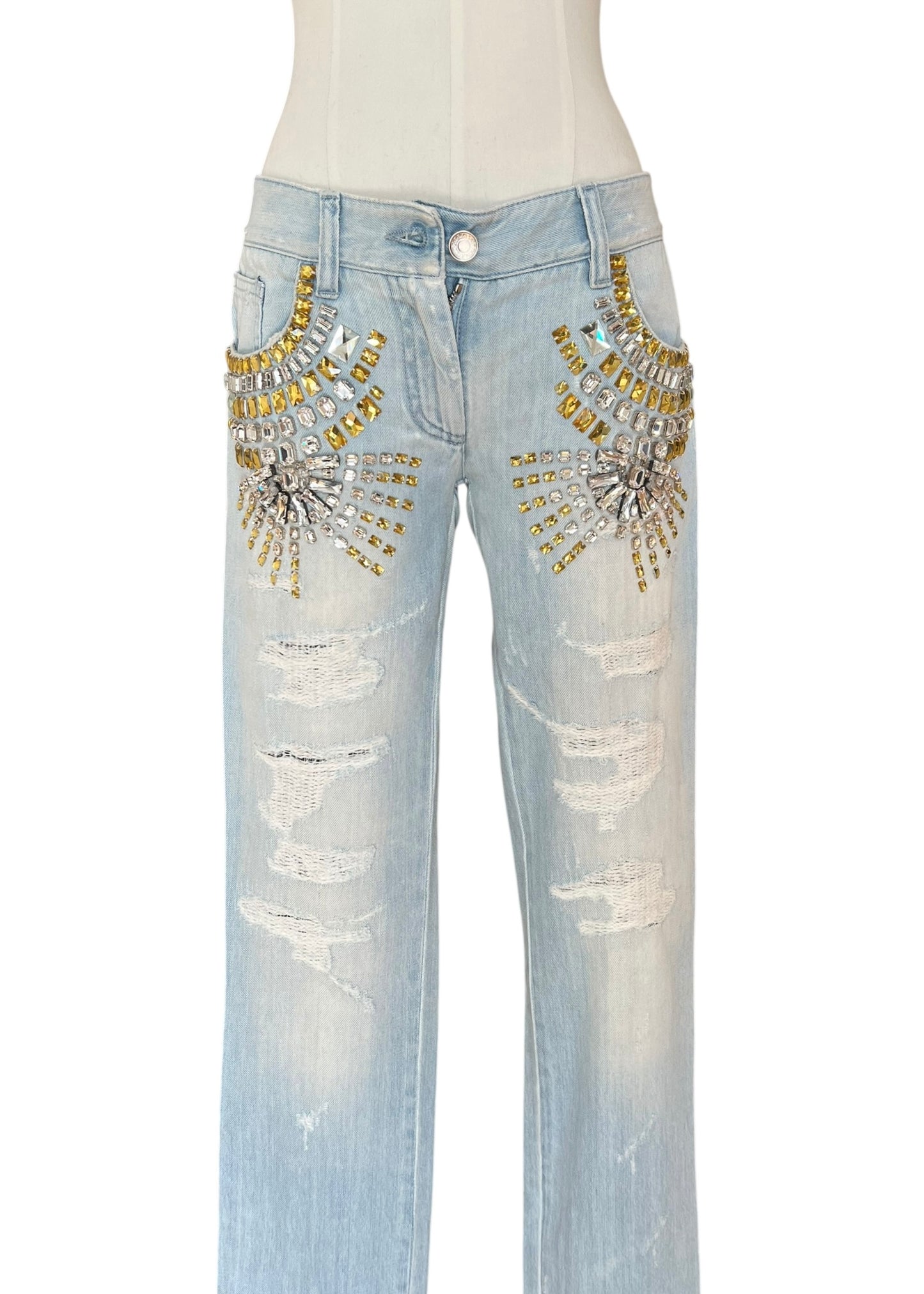 Dolce & Gabbana Vintage Crystal Embellished Jeans – Light Wash Distressed Denim with Gold & Crystal Studs – Made in Italy
