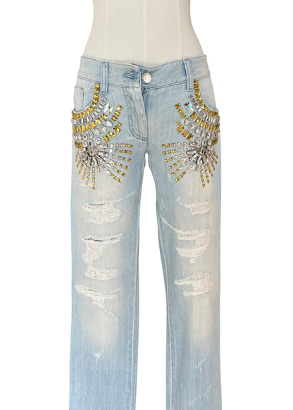 Dolce & Gabbana Vintage Crystal Embellished Jeans – Light Wash Distressed Denim with Gold & Crystal Studs – Made in Italy