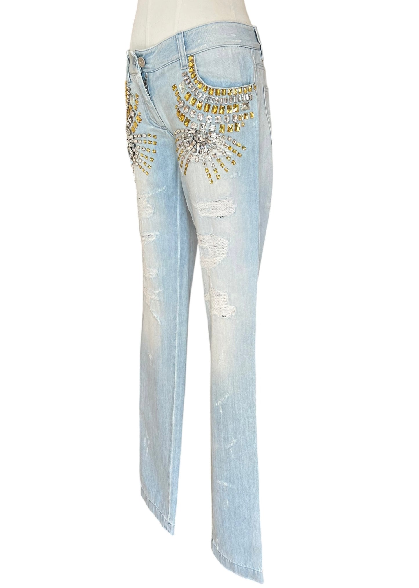 Dolce & Gabbana Vintage Crystal Embellished Jeans – Light Wash Distressed Denim with Gold & Crystal Studs – Made in Italy