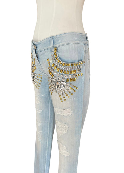 Dolce & Gabbana Vintage Crystal Embellished Jeans – Light Wash Distressed Denim with Gold & Crystal Studs – Made in Italy