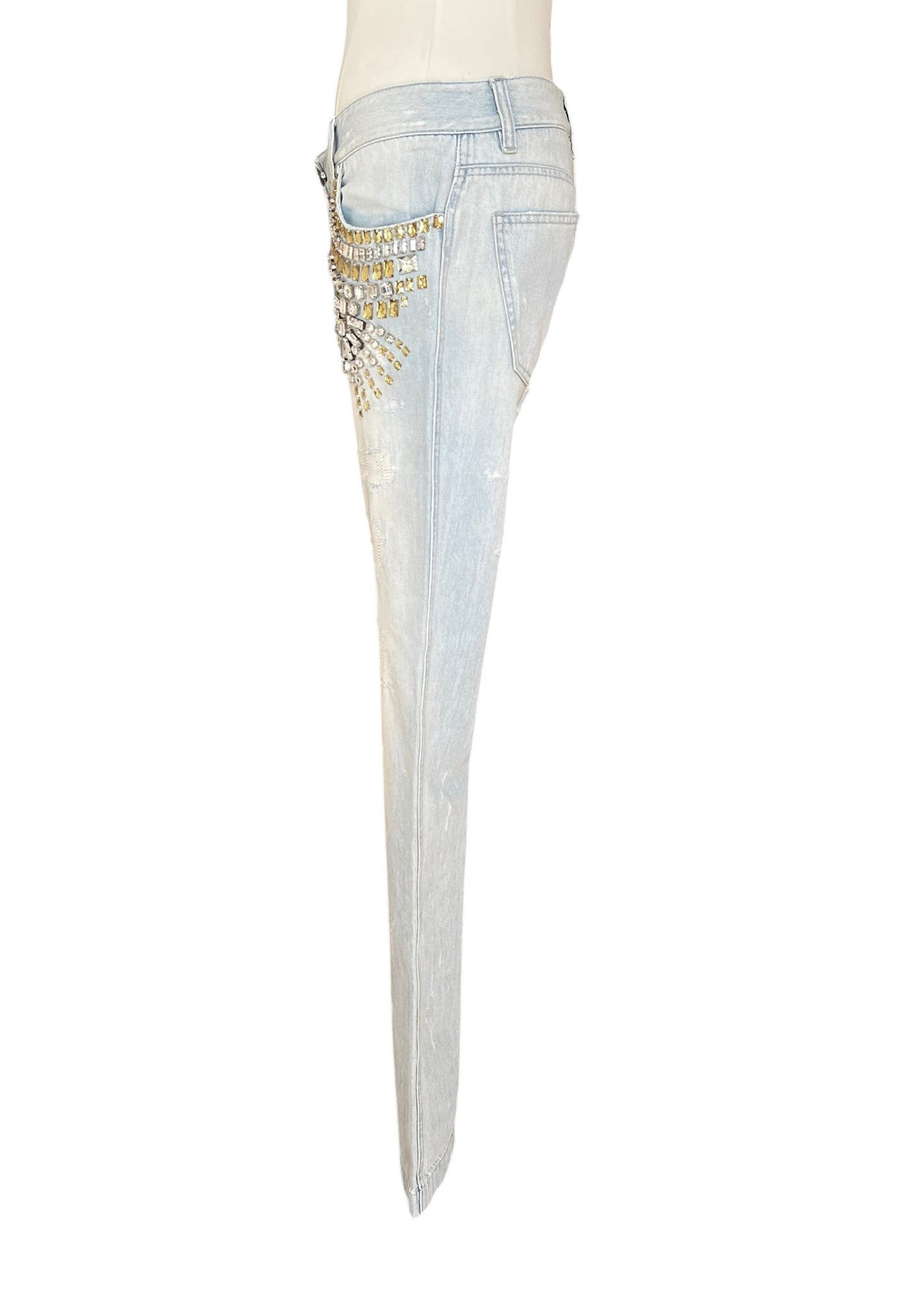 Dolce & Gabbana Vintage Crystal Embellished Jeans – Light Wash Distressed Denim with Gold & Crystal Studs – Made in Italy