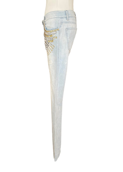 Dolce & Gabbana Vintage Crystal Embellished Jeans – Light Wash Distressed Denim with Gold & Crystal Studs – Made in Italy