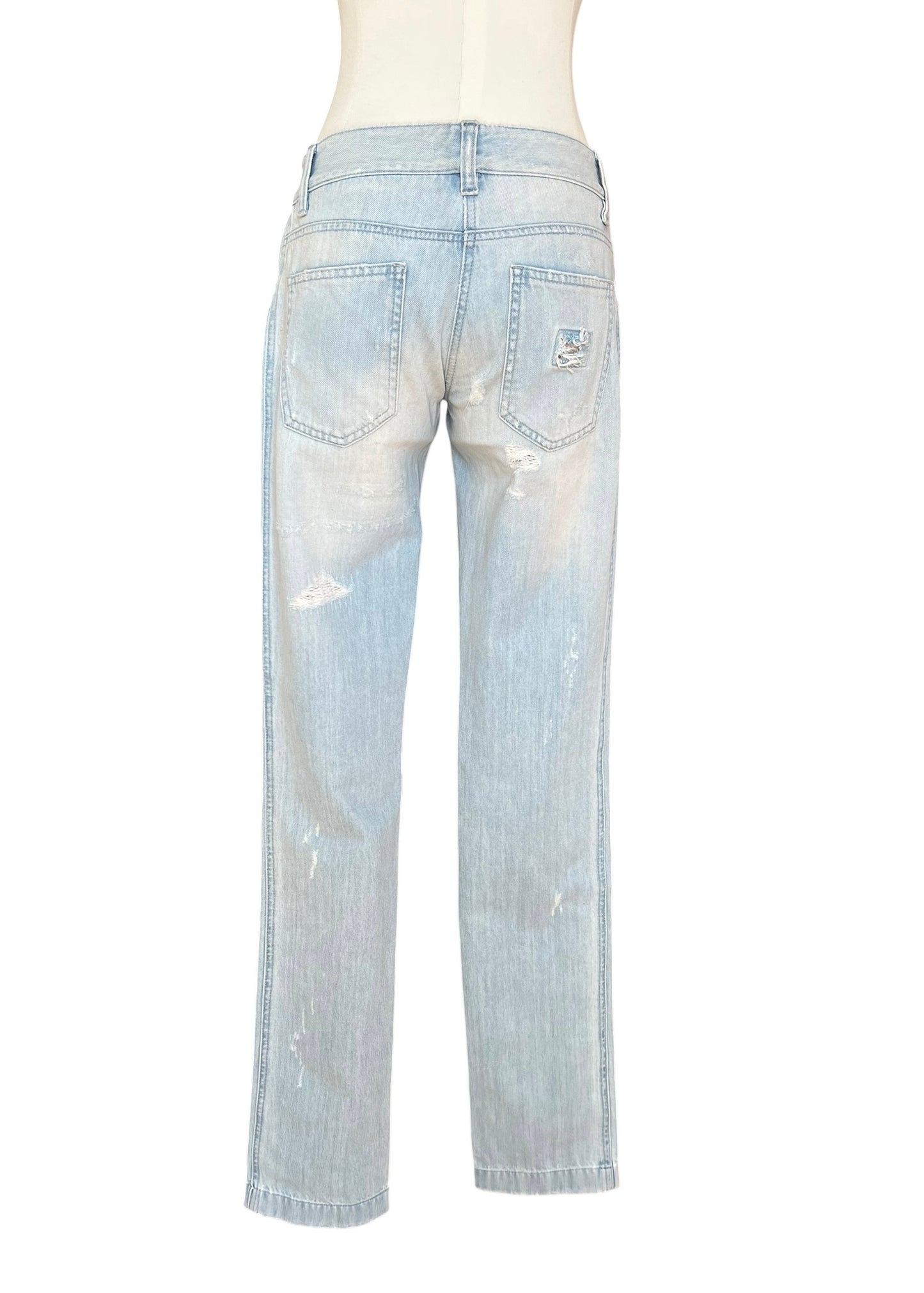 Dolce & Gabbana Vintage Crystal Embellished Jeans – Light Wash Distressed Denim with Gold & Crystal Studs – Made in Italy