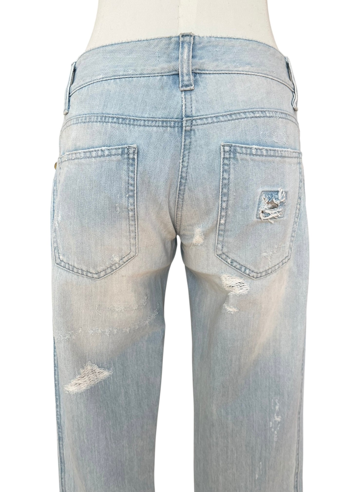 Dolce & Gabbana Vintage Crystal Embellished Jeans – Light Wash Distressed Denim with Gold & Crystal Studs – Made in Italy