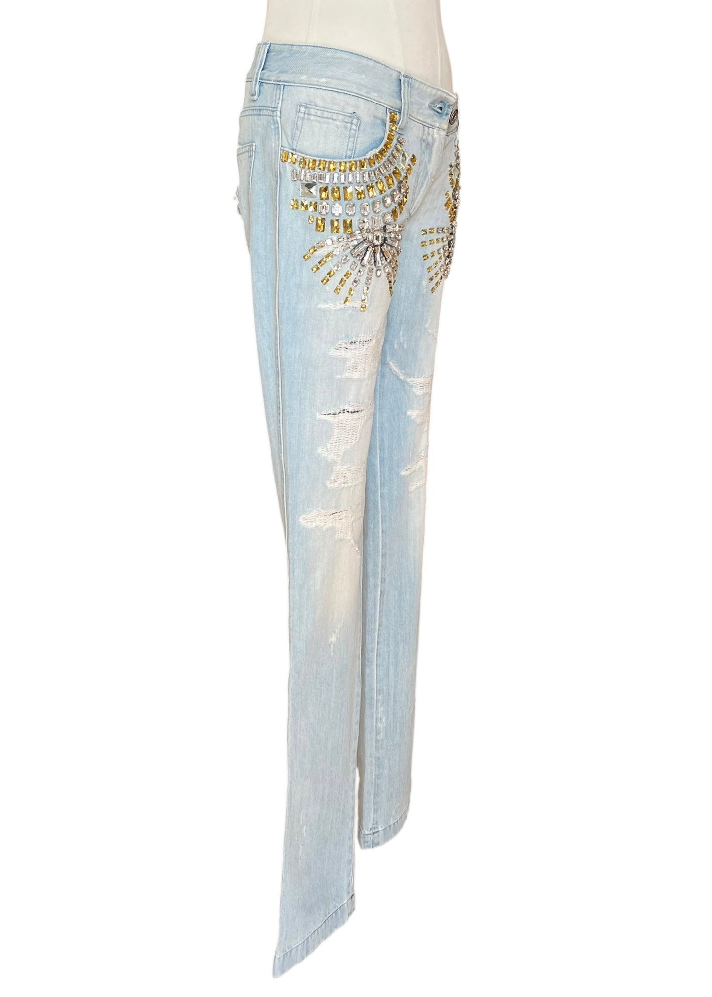 Dolce & Gabbana Vintage Crystal Embellished Jeans – Light Wash Distressed Denim with Gold & Crystal Studs – Made in Italy
