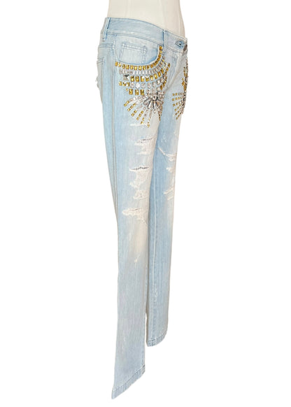Dolce & Gabbana Vintage Crystal Embellished Jeans – Light Wash Distressed Denim with Gold & Crystal Studs – Made in Italy