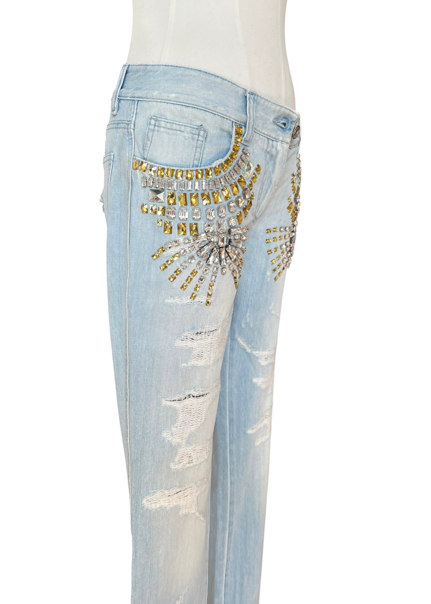 Dolce & Gabbana Vintage Crystal Embellished Jeans – Light Wash Distressed Denim with Gold & Crystal Studs – Made in Italy