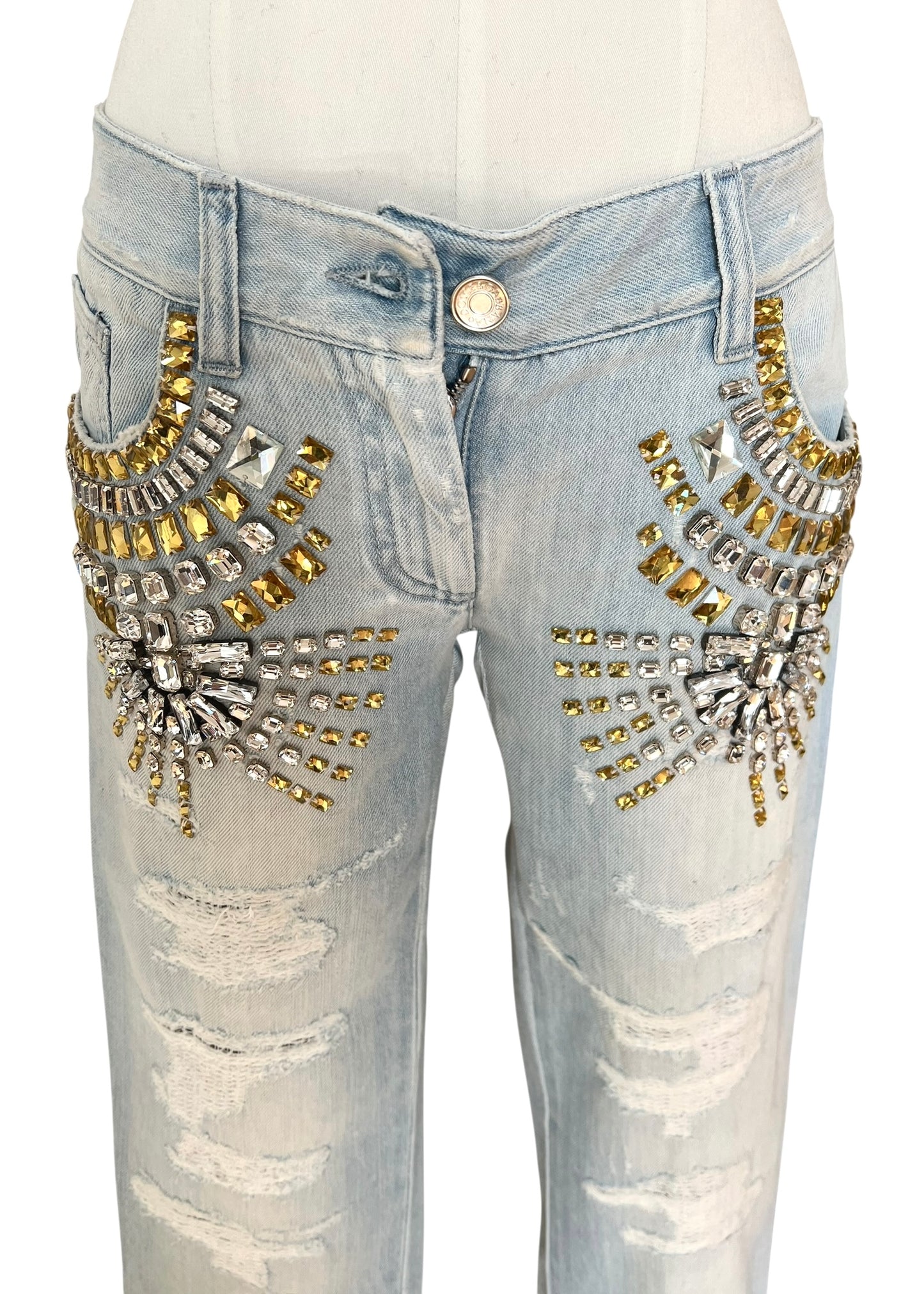 Dolce & Gabbana Vintage Crystal Embellished Jeans – Light Wash Distressed Denim with Gold & Crystal Studs – Made in Italy