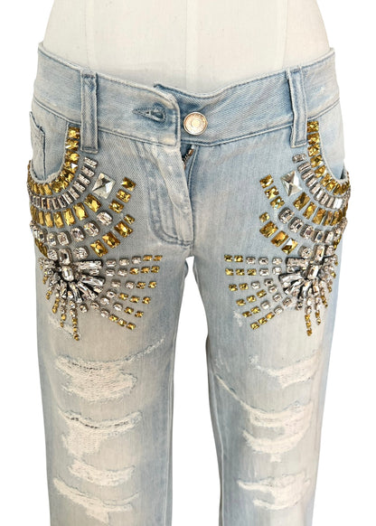 Dolce & Gabbana Vintage Crystal Embellished Jeans – Light Wash Distressed Denim with Gold & Crystal Studs – Made in Italy