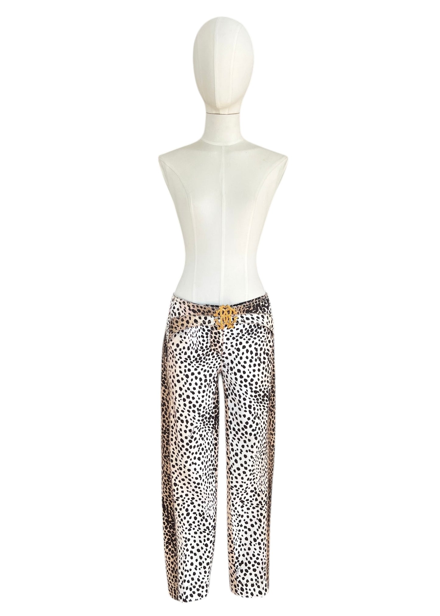 Roberto Cavalli Leopard Print Cropped Pants with RC Jewel Belt Buckle | Y2K Designer Animal Print Trousers
