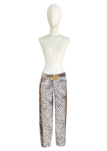 Roberto Cavalli Leopard Print Cropped Pants with RC Jewel Belt Buckle | Y2K Designer Animal Print Trousers