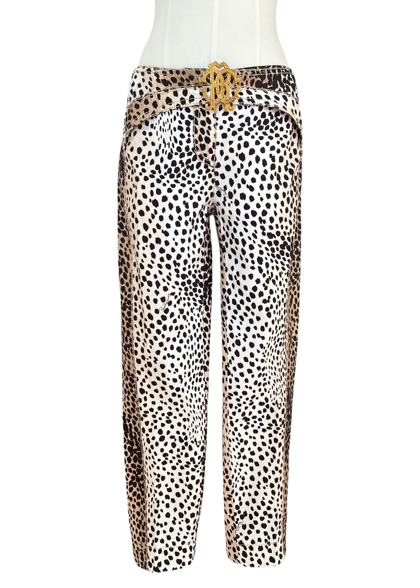 Roberto Cavalli Leopard Print Cropped Pants with RC Jewel Belt Buckle | Y2K Designer Animal Print Trousers