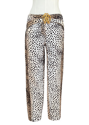 Roberto Cavalli Leopard Print Cropped Pants with RC Jewel Belt Buckle | Y2K Designer Animal Print Trousers