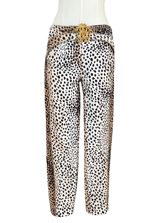 Roberto Cavalli Leopard Print Cropped Pants with RC Jewel Belt Buckle | Y2K Designer Animal Print Trousers