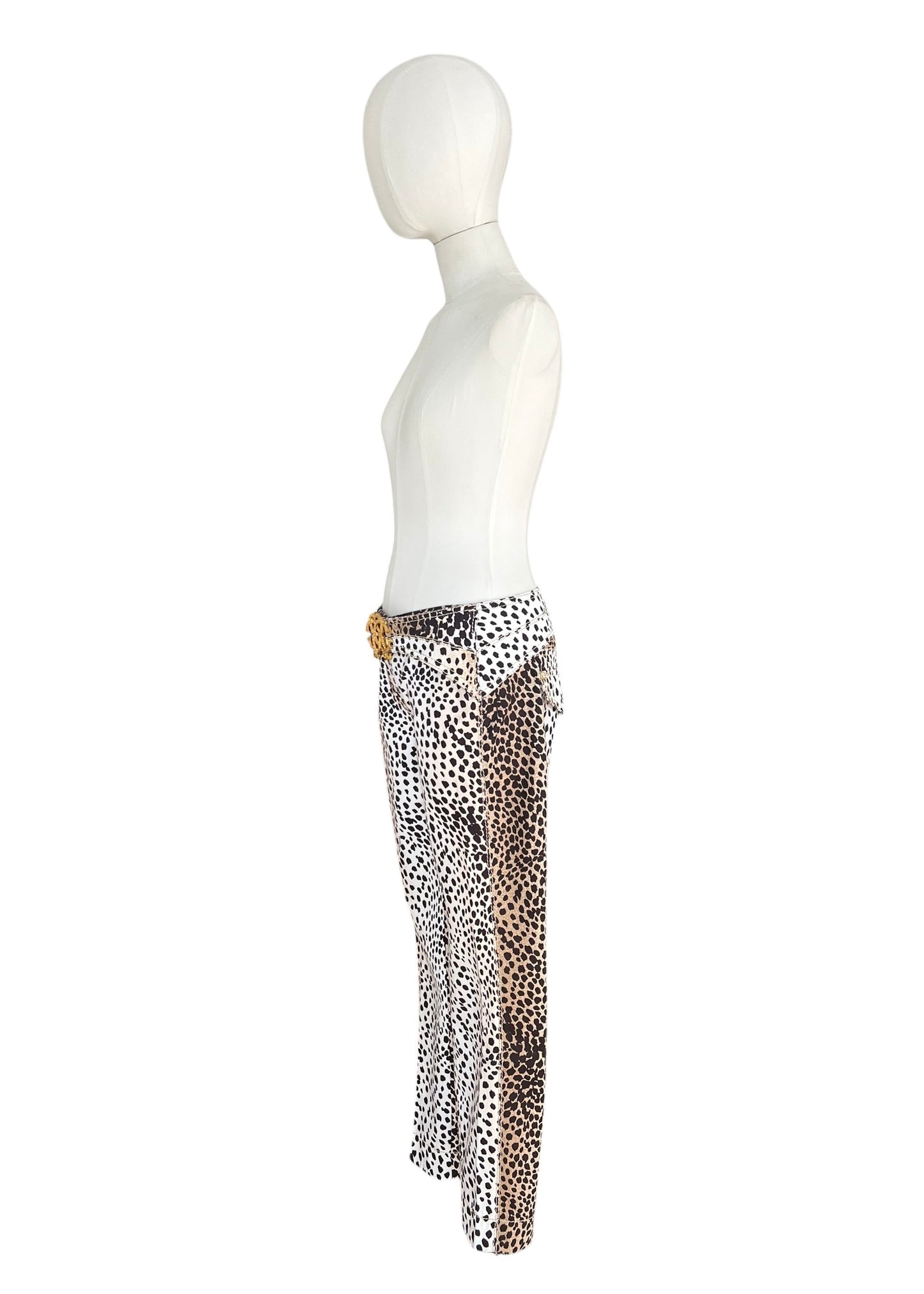 Roberto Cavalli Leopard Print Cropped Pants with RC Jewel Belt Buckle | Y2K Designer Animal Print Trousers