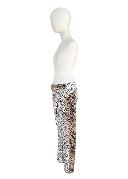 Roberto Cavalli Leopard Print Cropped Pants with RC Jewel Belt Buckle | Y2K Designer Animal Print Trousers