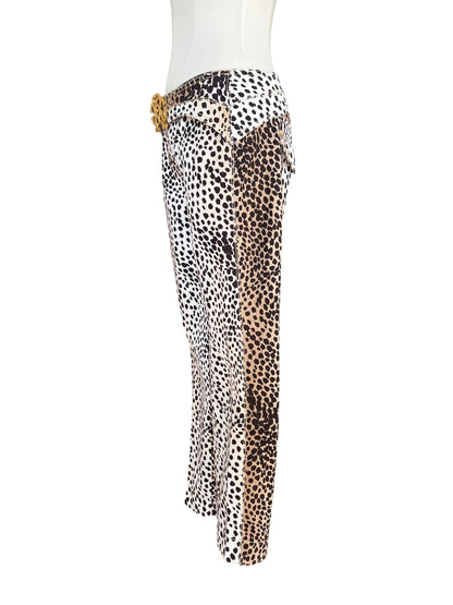 Roberto Cavalli Leopard Print Cropped Pants with RC Jewel Belt Buckle | Y2K Designer Animal Print Trousers