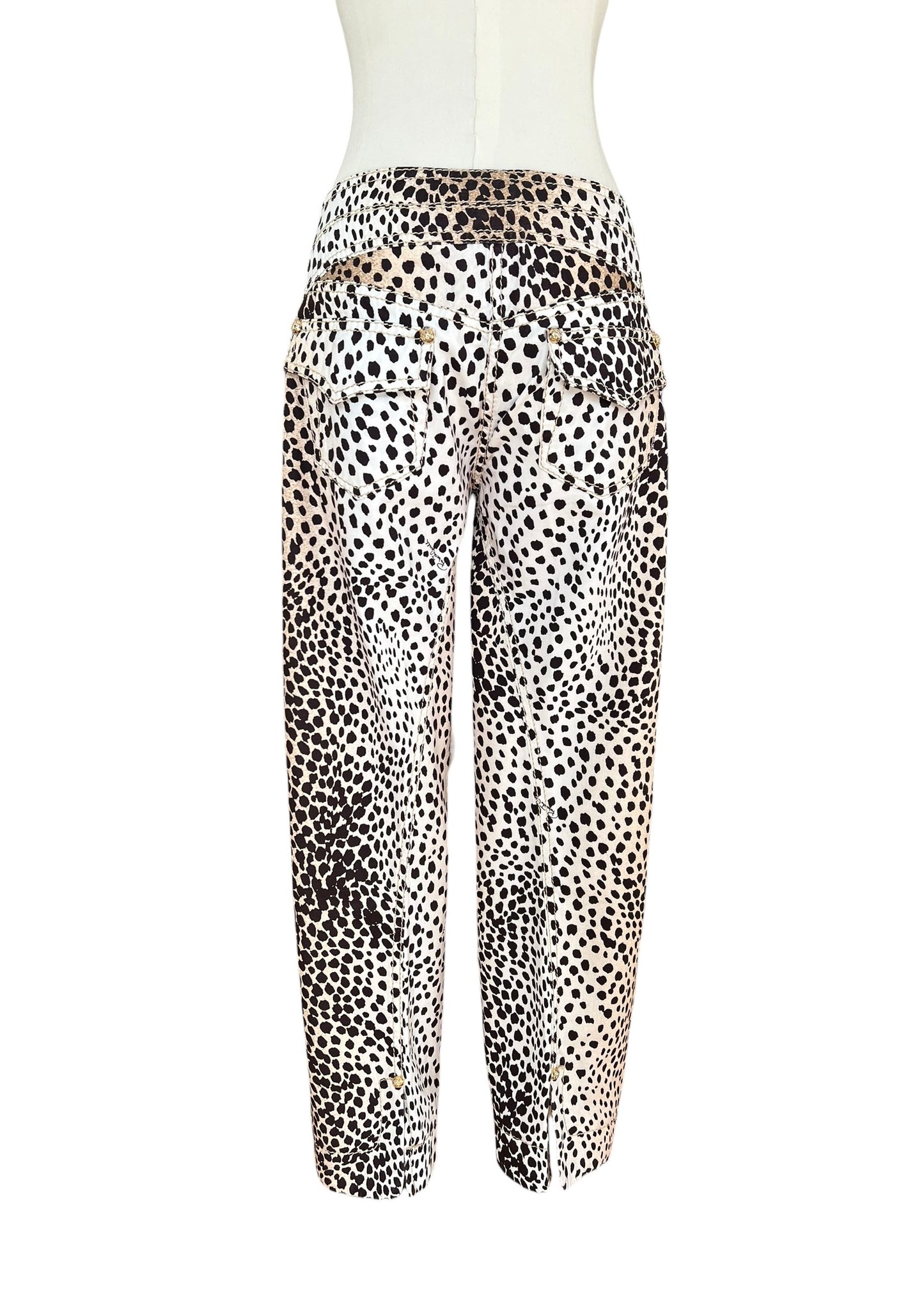 Roberto Cavalli Leopard Print Cropped Pants with RC Jewel Belt Buckle | Y2K Designer Animal Print Trousers