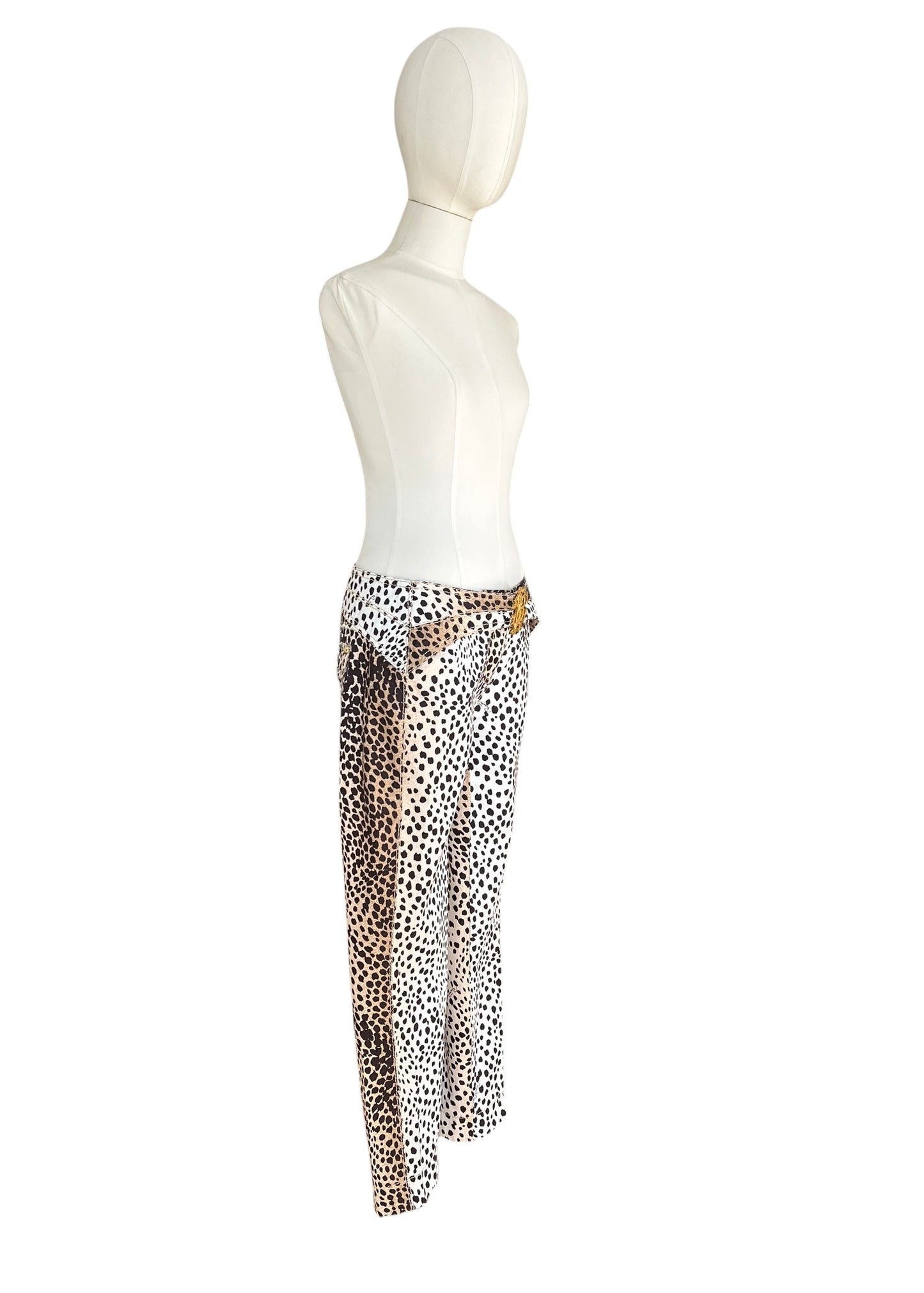 Roberto Cavalli Leopard Print Cropped Pants with RC Jewel Belt Buckle | Y2K Designer Animal Print Trousers