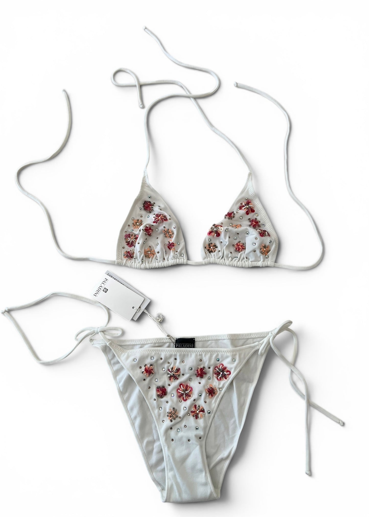 Vintage Paladini Luxury Embellished White String Bikini | Italian Designer Swimwear | Beaded Floral Bikini Set