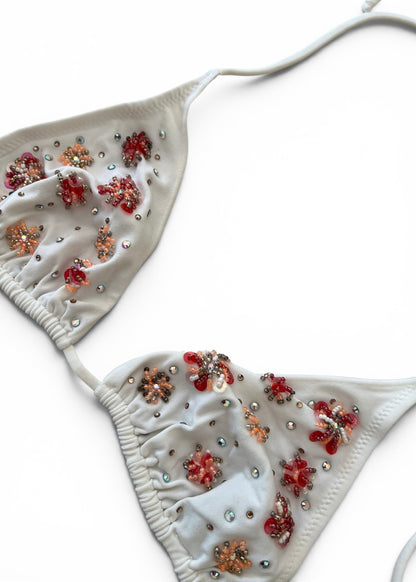 Vintage Paladini Luxury Embellished White String Bikini | Italian Designer Swimwear | Beaded Floral Bikini Set
