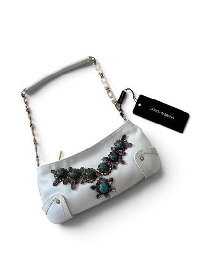 Dolce & Gabbana Vintage White Leather Jewel Bag | Borsa in Pelle Bianca con Pietre Turchesi, Cristalli e Manico Catena Oro