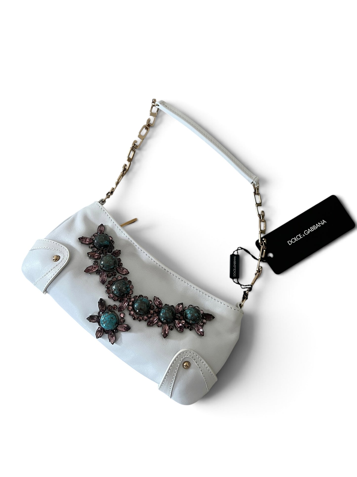 Dolce & Gabbana Vintage White Leather Jewel Bag | Borsa in Pelle Bianca con Pietre Turchesi, Cristalli e Manico Catena Oro