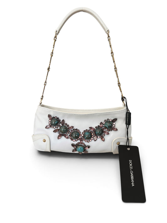 Dolce & Gabbana Vintage White Leather Jewel Bag | Borsa in Pelle Bianca con Pietre Turchesi, Cristalli e Manico Catena Oro