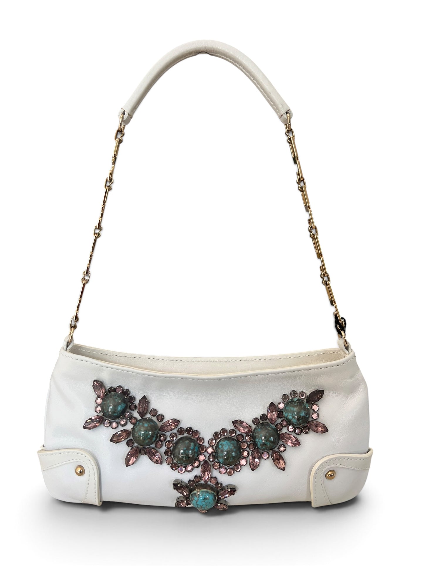 Dolce & Gabbana Vintage White Leather Jewel Bag | Borsa in Pelle Bianca con Pietre Turchesi, Cristalli e Manico Catena Oro