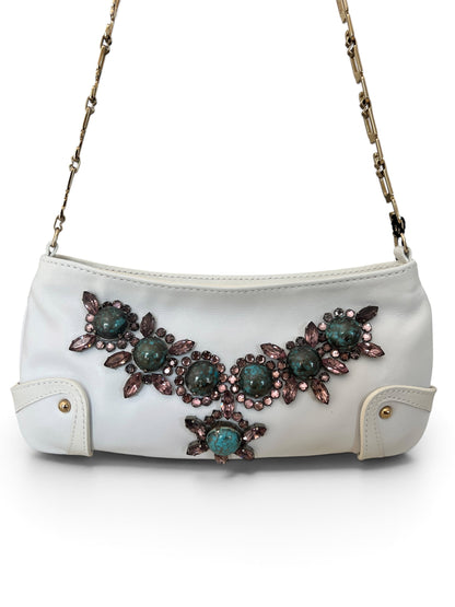 Dolce & Gabbana Vintage White Leather Jewel Bag | Borsa in Pelle Bianca con Pietre Turchesi, Cristalli e Manico Catena Oro