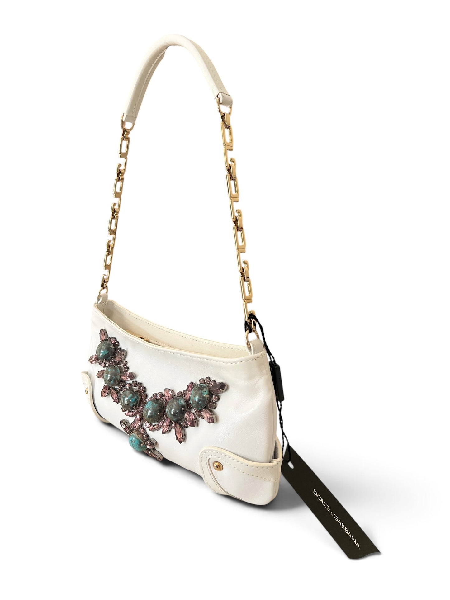 Dolce & Gabbana Vintage White Leather Jewel Bag | Borsa in Pelle Bianca con Pietre Turchesi, Cristalli e Manico Catena Oro
