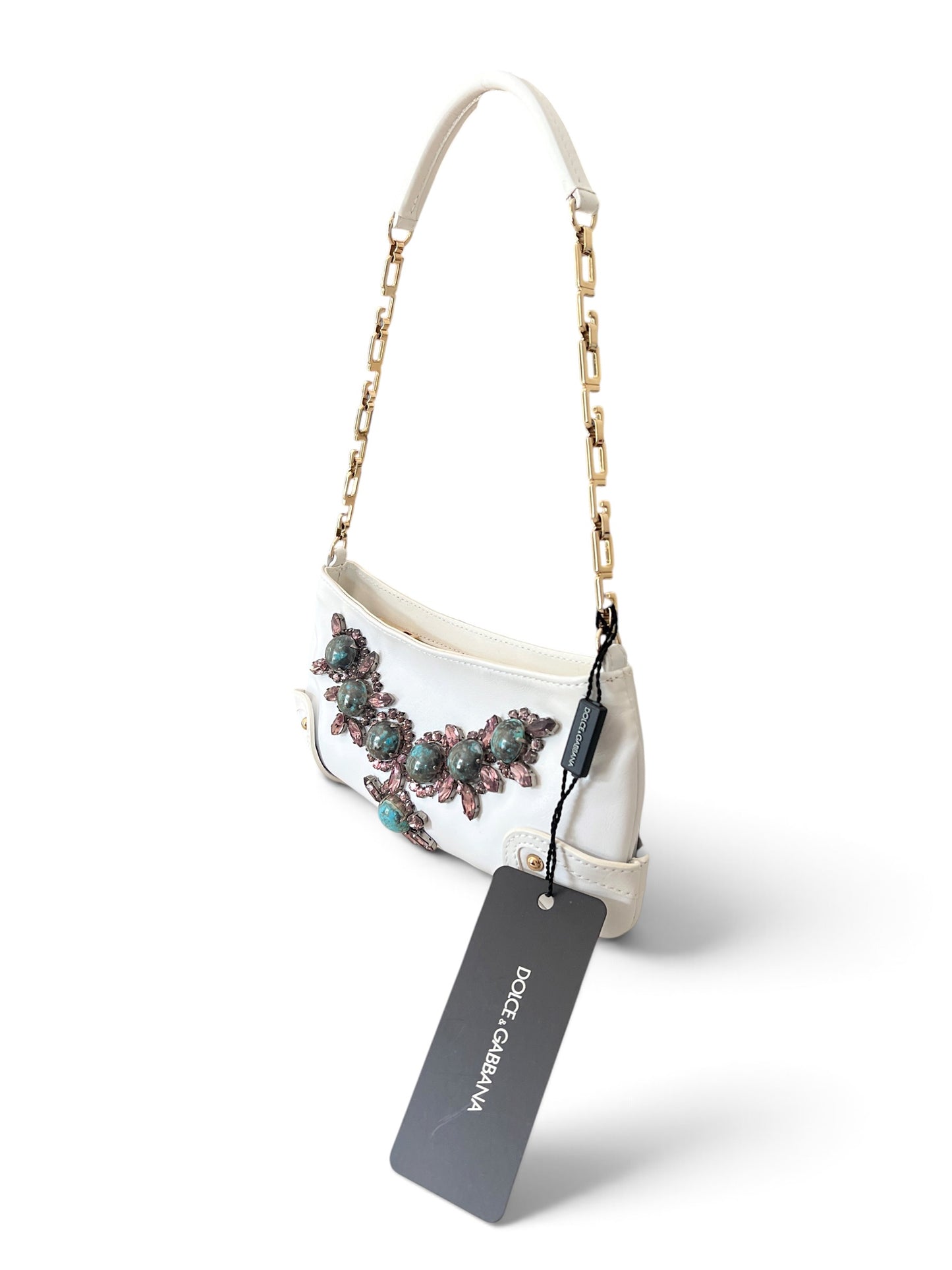 Dolce & Gabbana Vintage White Leather Jewel Bag | Borsa in Pelle Bianca con Pietre Turchesi, Cristalli e Manico Catena Oro