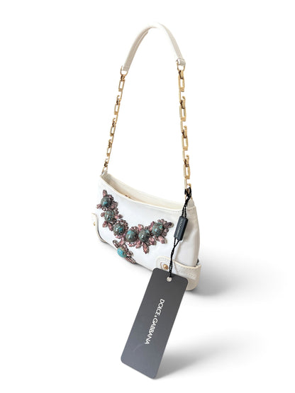 Dolce & Gabbana Vintage White Leather Jewel Bag | Borsa in Pelle Bianca con Pietre Turchesi, Cristalli e Manico Catena Oro