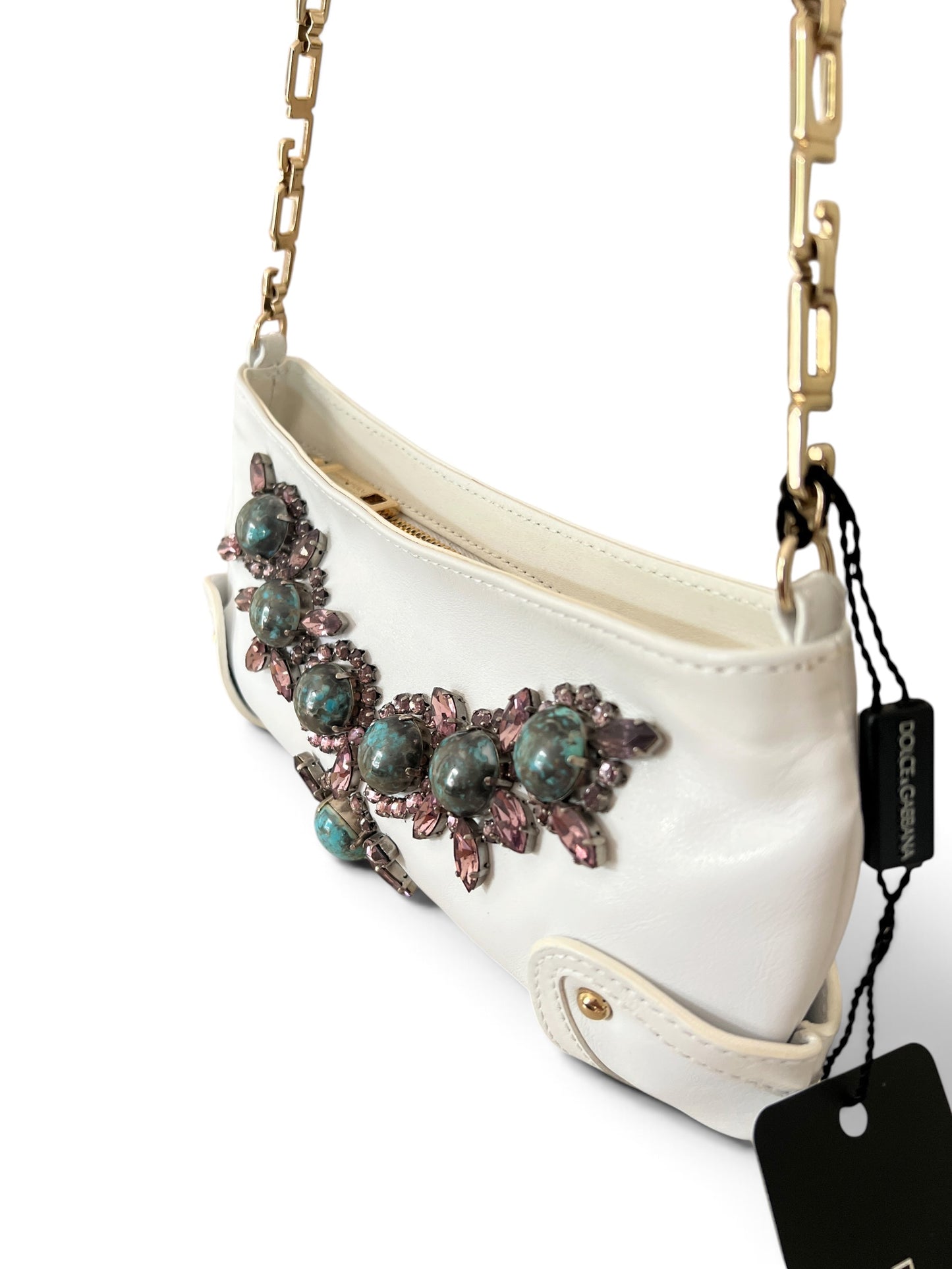 Dolce & Gabbana Vintage White Leather Jewel Bag | Borsa in Pelle Bianca con Pietre Turchesi, Cristalli e Manico Catena Oro