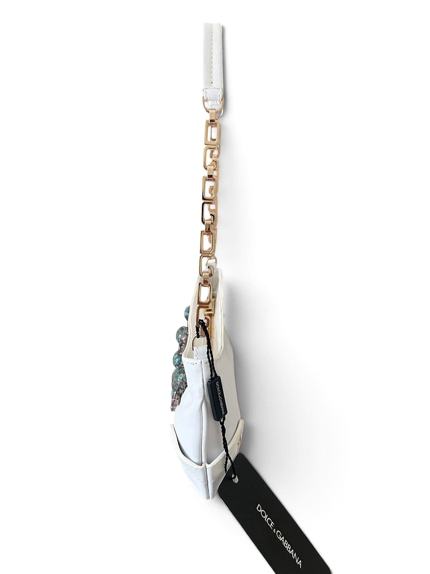 Dolce & Gabbana Vintage White Leather Jewel Bag | Borsa in Pelle Bianca con Pietre Turchesi, Cristalli e Manico Catena Oro