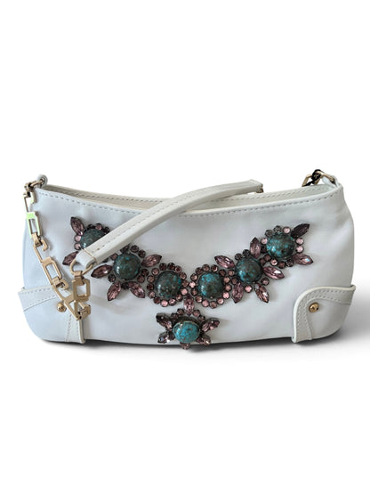 Dolce & Gabbana Vintage White Leather Jewel Bag | Borsa in Pelle Bianca con Pietre Turchesi, Cristalli e Manico Catena Oro