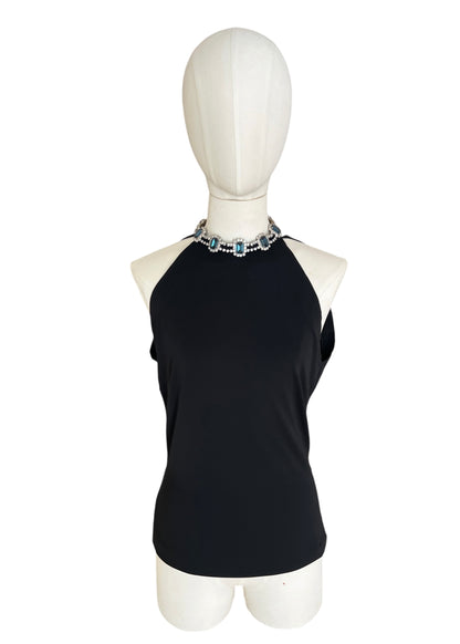Dolce & Gabbana AW2001 Black Halter Jewel Neck Top Crystal Choker Archive Y2K Vintage