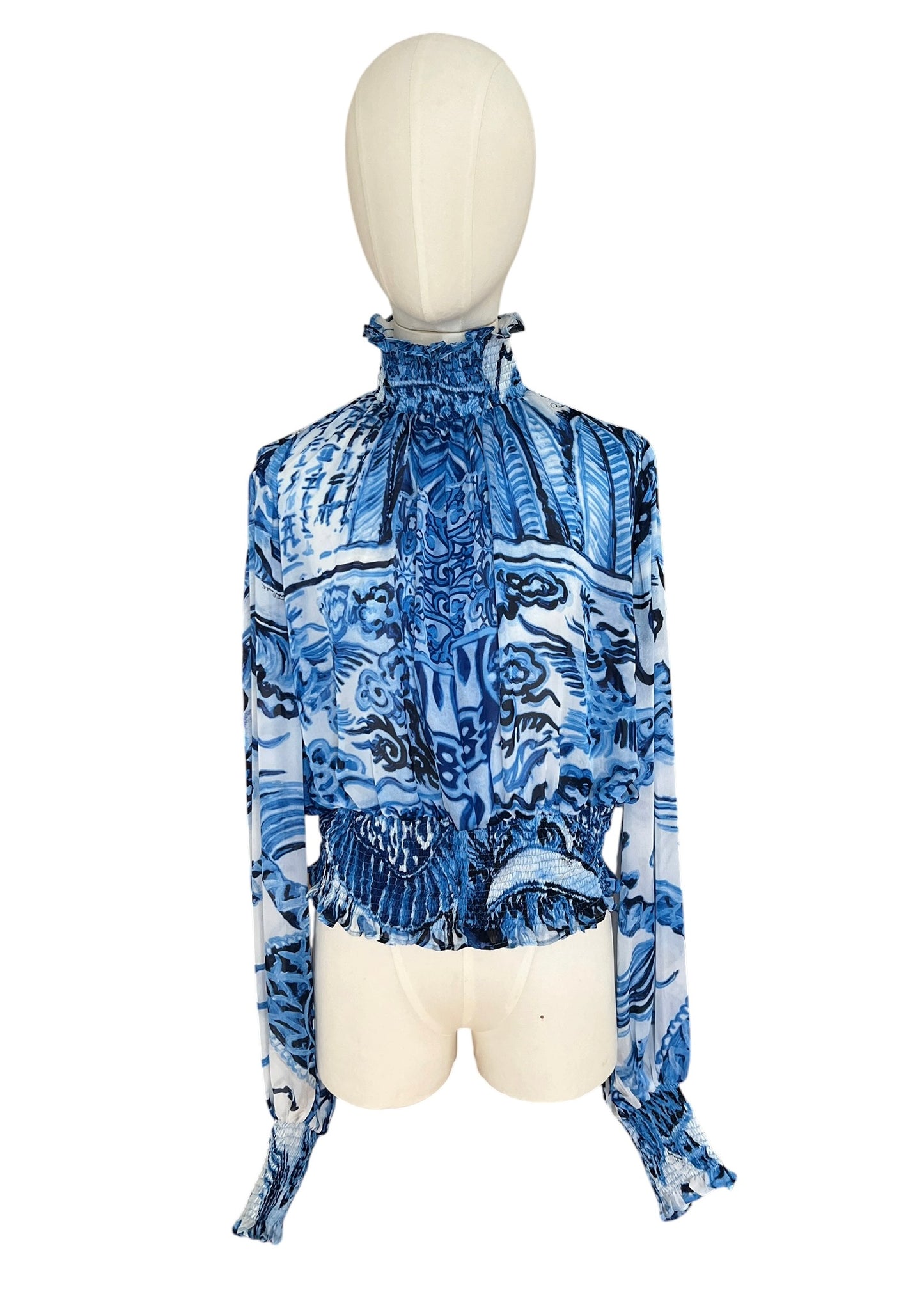 Roberto Cavalli 2005 Silk Ming Vase Print Blouse | Blue Sheer High Neck Smocked Top