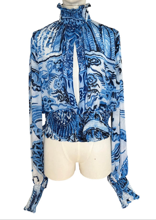 Roberto Cavalli 2005 Silk Ming Vase Print Blouse | Blue Sheer High Neck Smocked Top