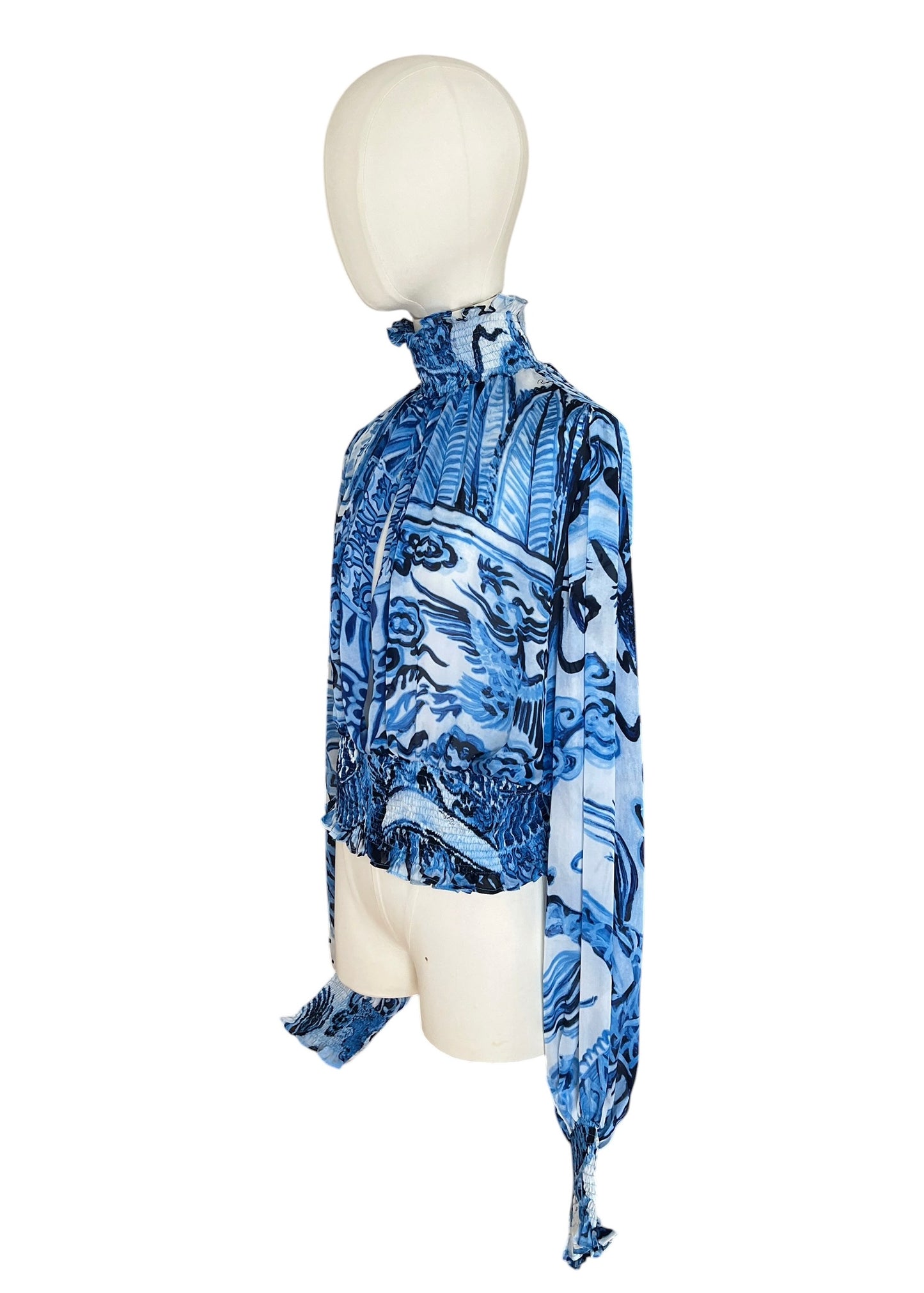 Roberto Cavalli 2005 Silk Ming Vase Print Blouse | Blue Sheer High Neck Smocked Top