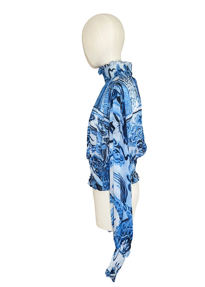 Roberto Cavalli 2005 Silk Ming Vase Print Blouse | Blue Sheer High Neck Smocked Top