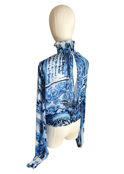 Roberto Cavalli 2005 Silk Ming Vase Print Blouse | Blue Sheer High Neck Smocked Top