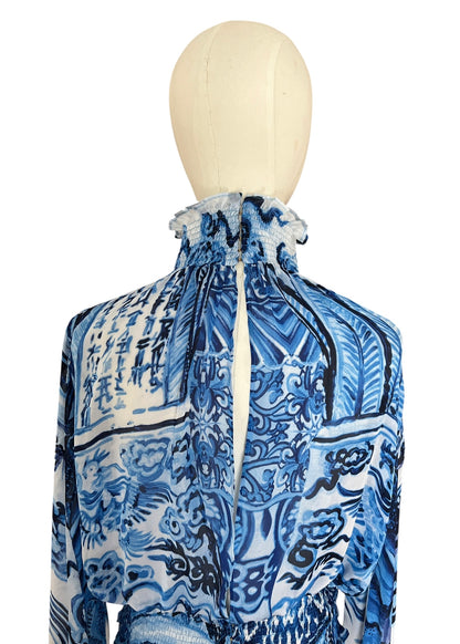 Roberto Cavalli 2005 Silk Ming Vase Print Blouse | Blue Sheer High Neck Smocked Top
