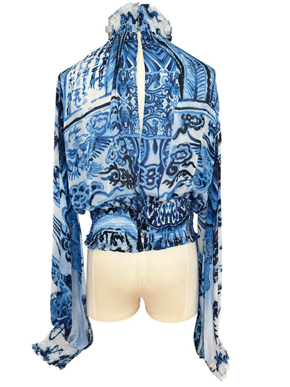 Roberto Cavalli 2005 Silk Ming Vase Print Blouse | Blue Sheer High Neck Smocked Top