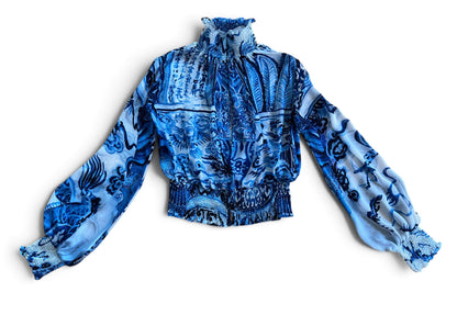 Roberto Cavalli 2005 Silk Ming Vase Print Blouse | Blue Sheer High Neck Smocked Top