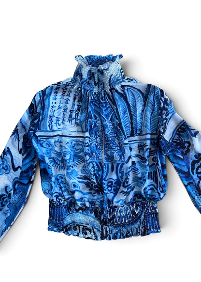 Roberto Cavalli 2005 Silk Ming Vase Print Blouse | Blue Sheer High Neck Smocked Top