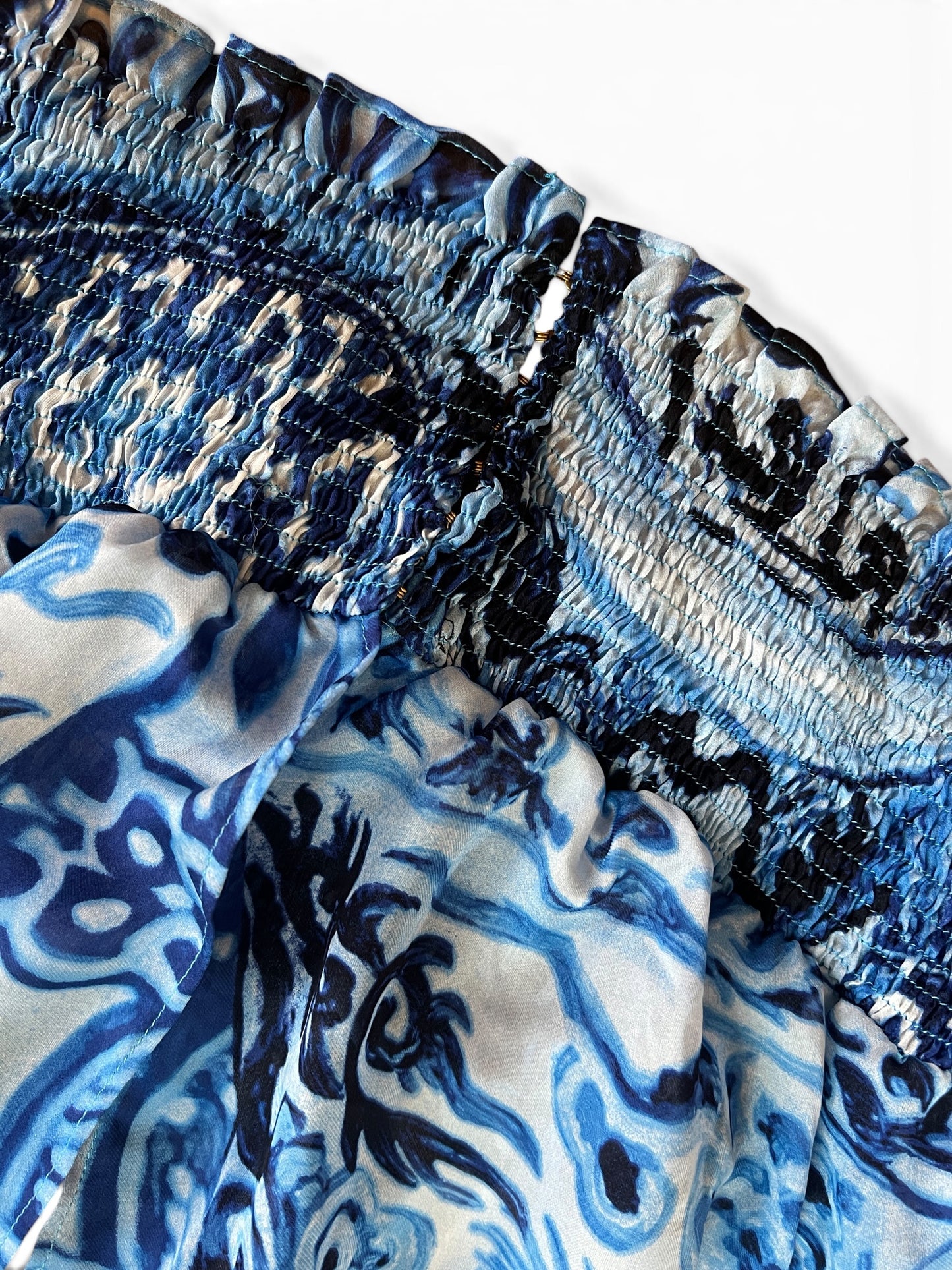 Roberto Cavalli 2005 Silk Ming Vase Print Blouse | Blue Sheer High Neck Smocked Top